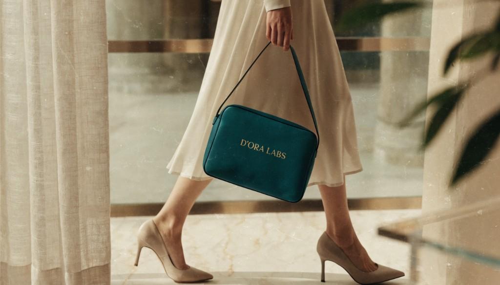 D'ORA LABS lifestyle still: a gold-lettered bag carried through a sunlit marble hall.