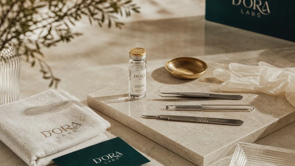 D'ORA LABS treatment still: peptide vial, instruments and gold-trimmed linen on marble.